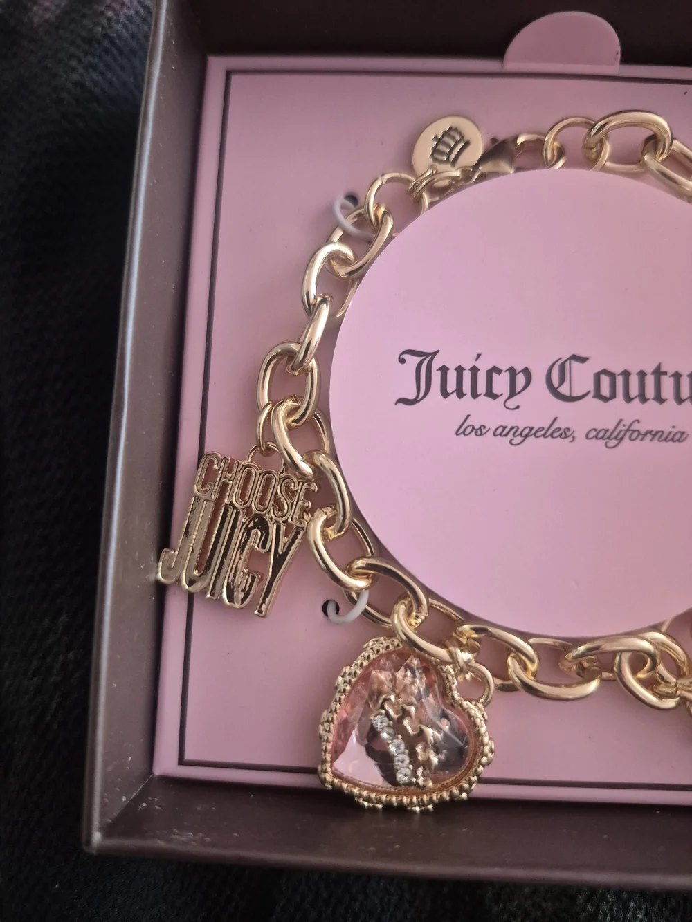 Juicy Couture Gold Tone Charm Bracelet with Scottie Dog, Heart & Bow